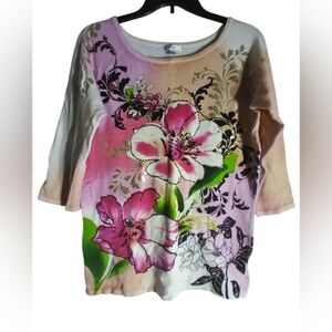 Vintage Cache Floral Pink and Cream Women's Lightweight  Top Size Large Y2K